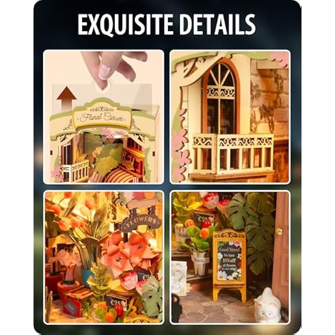 BOOK NOOK FLOWER CORNER KIT WITH LED LIGHTS DIY MINIATURE HOME KIT 3D WOODEN PUZZLE FOR ADULTS TO BUILD BOOKSHELF DECORATION CHRISTMAS BIRTHDAY GIFT - Image 3